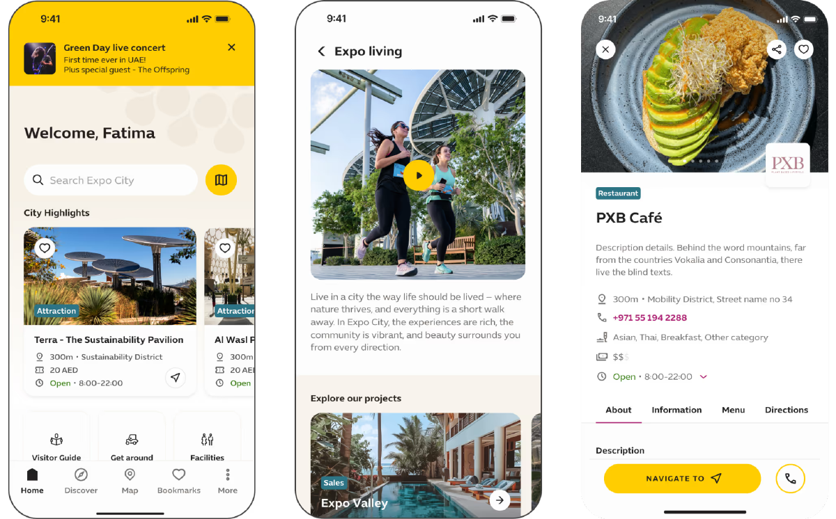 A screenshot of the Expo City Dubai app showing the interactive map